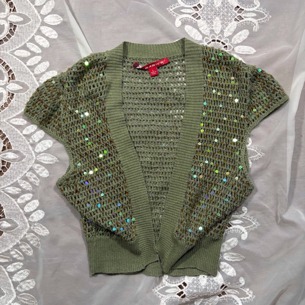 Y2K Fairy Olive Green Sequin Crochet Open Front Cap Sleeve Cardigan Bolero L